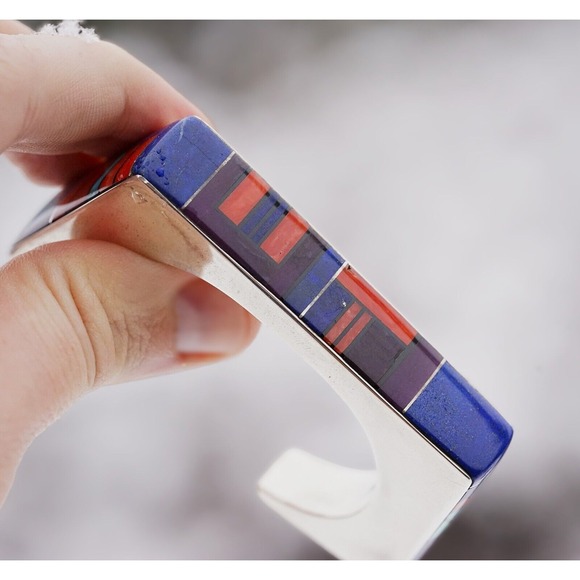 Jim Harrison Navajo Native Indian Sterling Inlay Multi Stone Cuff Bracelet Heavy - Picture 7 of 17